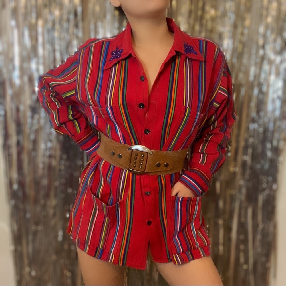 Rainbow Striped Embroidered Button Down